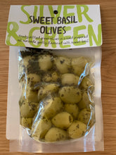 Load image into Gallery viewer, Silver & Green Sweet Basil Olives pitted green - 220g