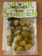 Load image into Gallery viewer, Silver &amp; Green Sweet Basil Olives pitted green - 220g

